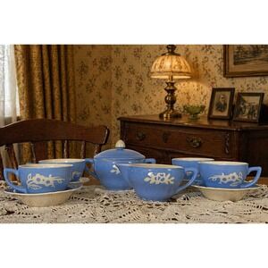 VTG 11pc Harker Blue Dainty Flower Cameoware Teacups Saucers Creamer Sugar Bowl